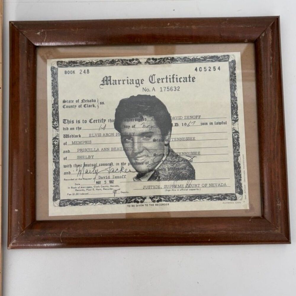 Framed Elvis Presley and Priscilla Beaulieu Marriage certificate copy